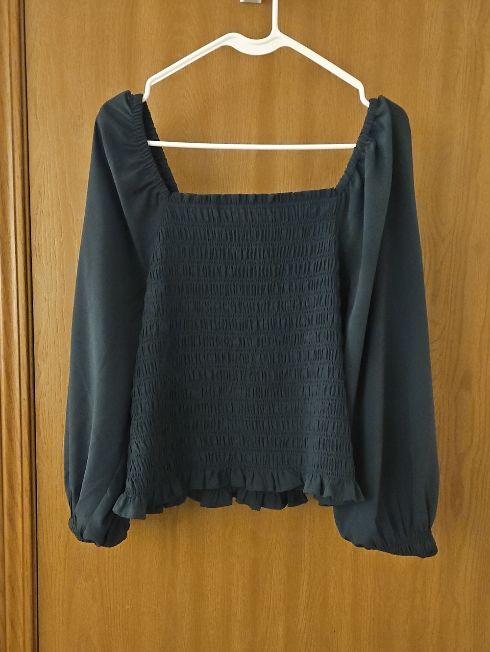 Women’s Dark Green Smocked Square-Neck Blouse